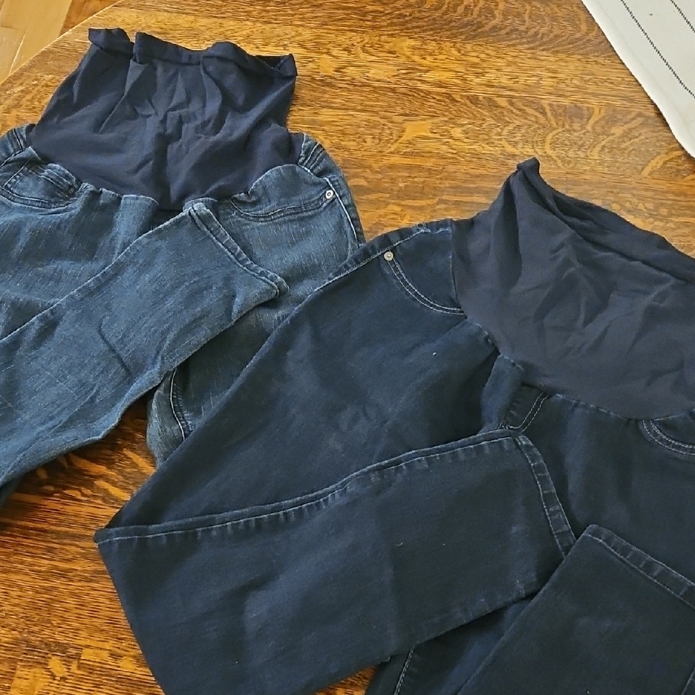 2 Pairs Of Dark Blue Denim Jeans with Black Waistband, Maternity!
